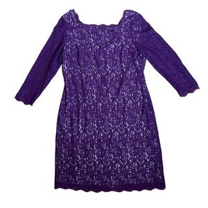 Adrianna Papell Size 16 Purple Lace 3/4 Sleeve Short Mini Dress Lined - EUC